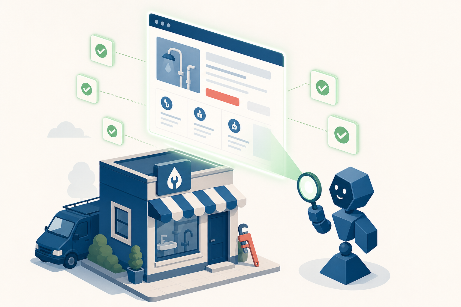 An AI assistant verifying a local business website, facts lighting up as checks